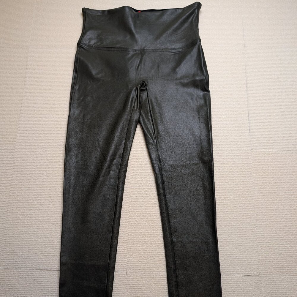 Spanx Olive Green Faux Leather Shapewear Leggings - Size Large